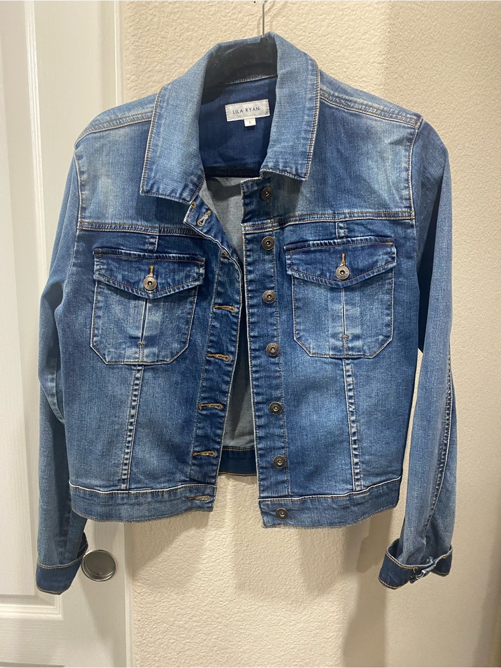 Lilla P Medium Wash Blue Denim Jacket with Chest Pockets size large